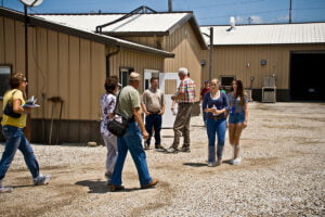 tour group outside barn
