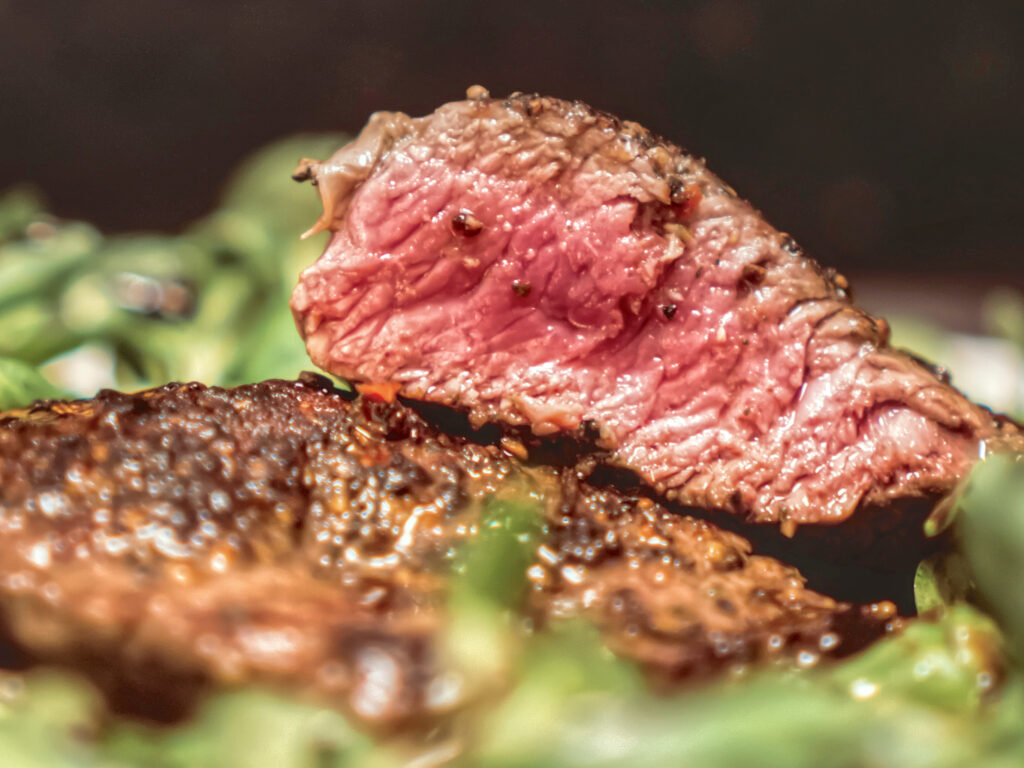 medium-rare cook steak with salad