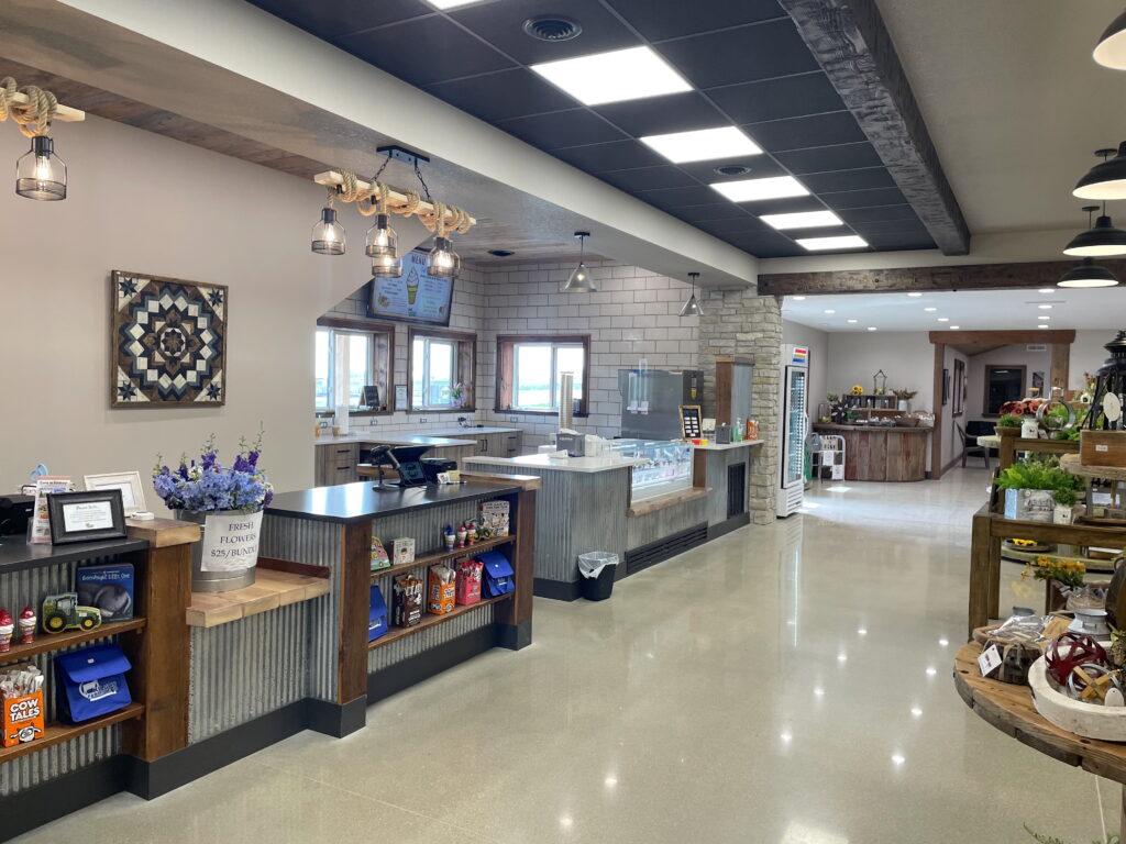 rustic farm styled check out counter with retail goods