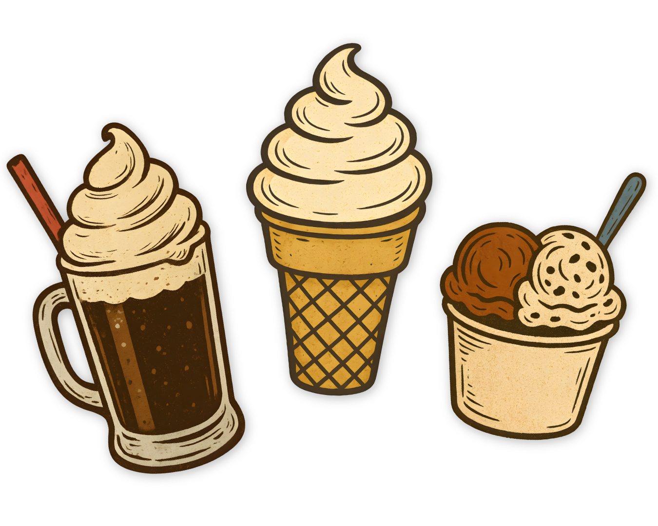 Country Store Frozen Treats soft serve ice cream cone, root beer float, and cup of gelato retro illustrations