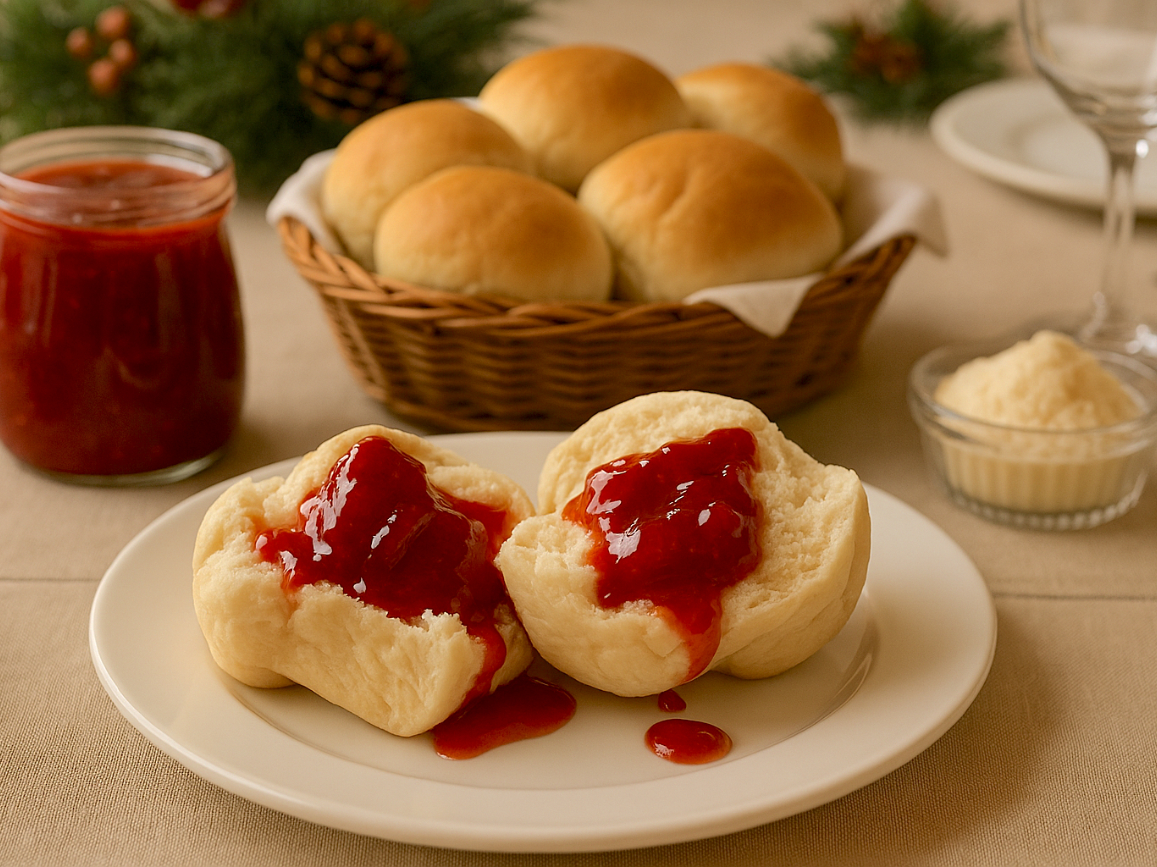 Beef House Yeast Rolls dinner rolls with fruit jam and spread on a holiday table