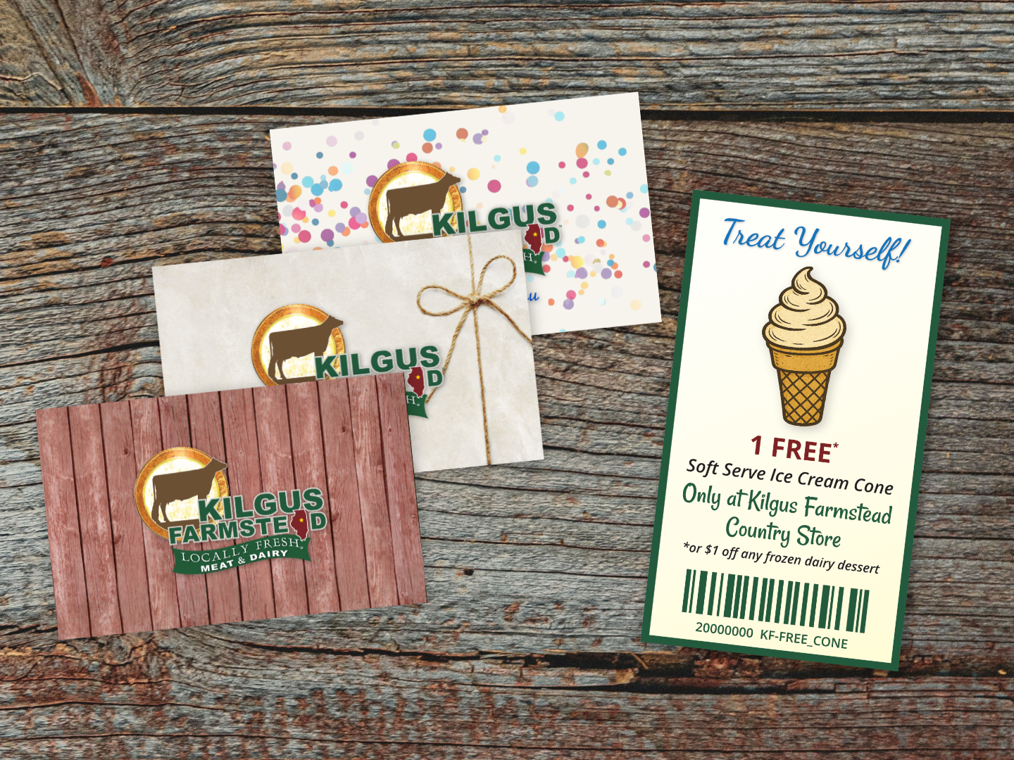 Kilgus Farmstead Country Store eGift Cards gift cards and ice cream cone coupons setting on a rustic table