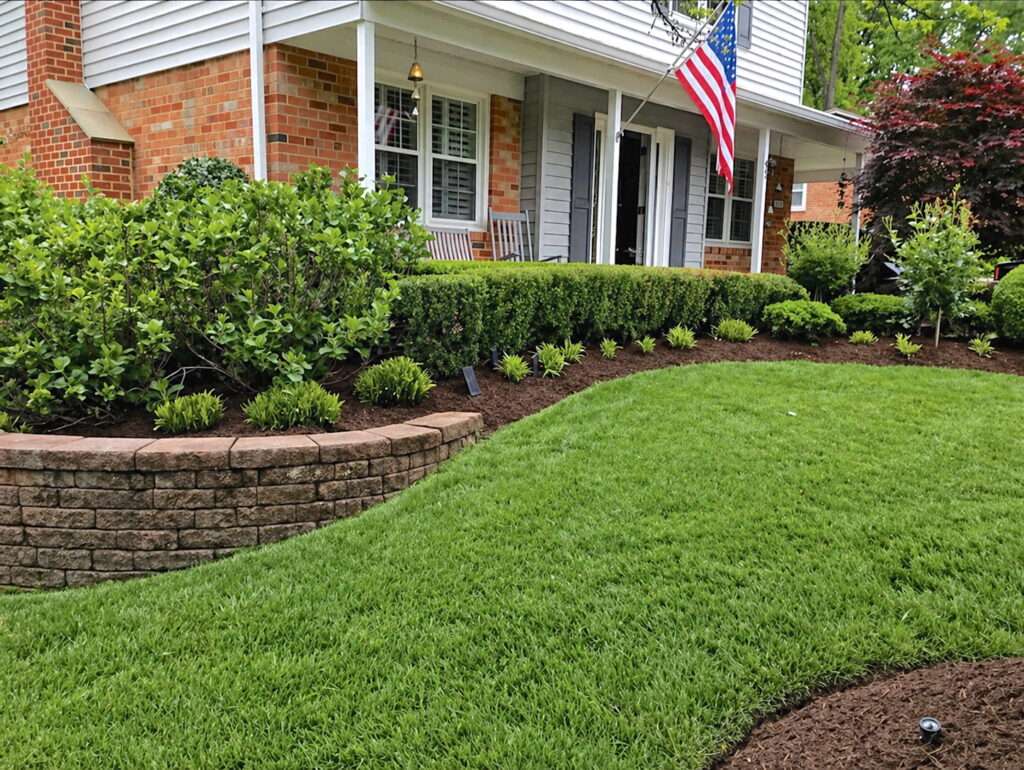 beautifully landscaped and mulched yard with house and American flag