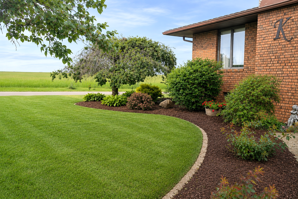 beautiful landscaped brick home with mulch, edging, well maintained shrubbery, and grass