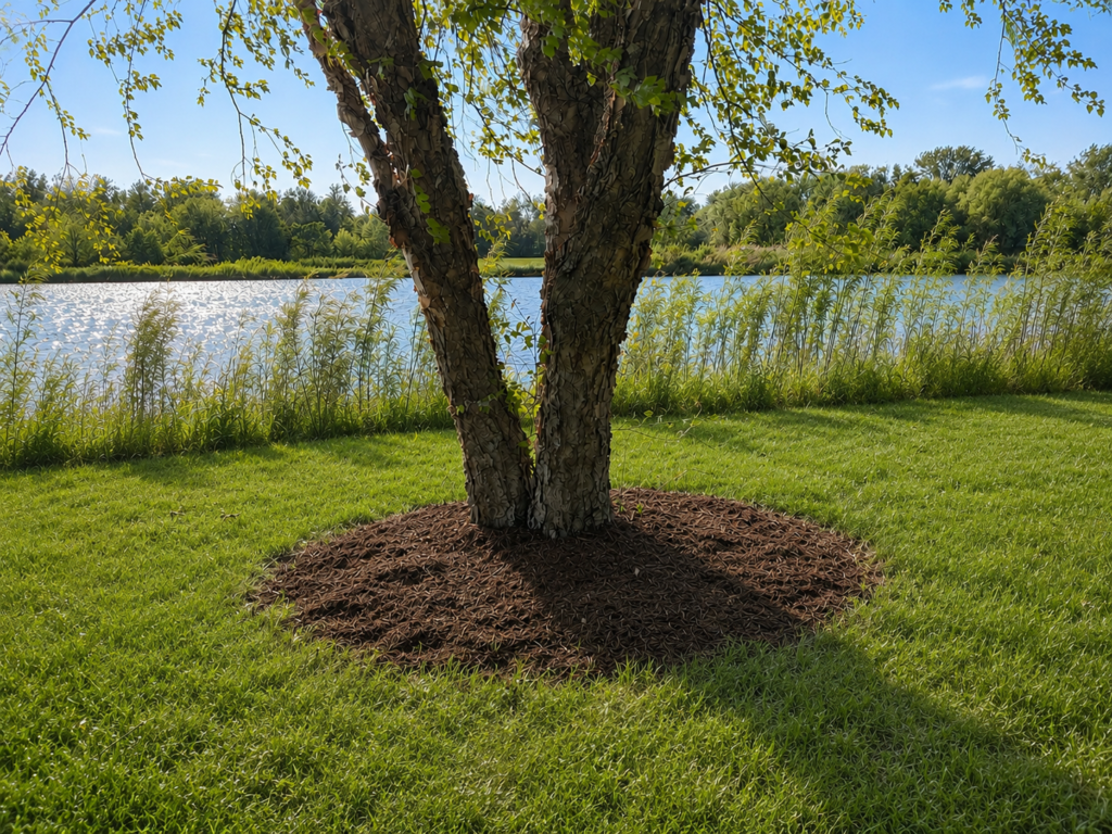 tree with mulch around it in front of a lake on a clear sunny day